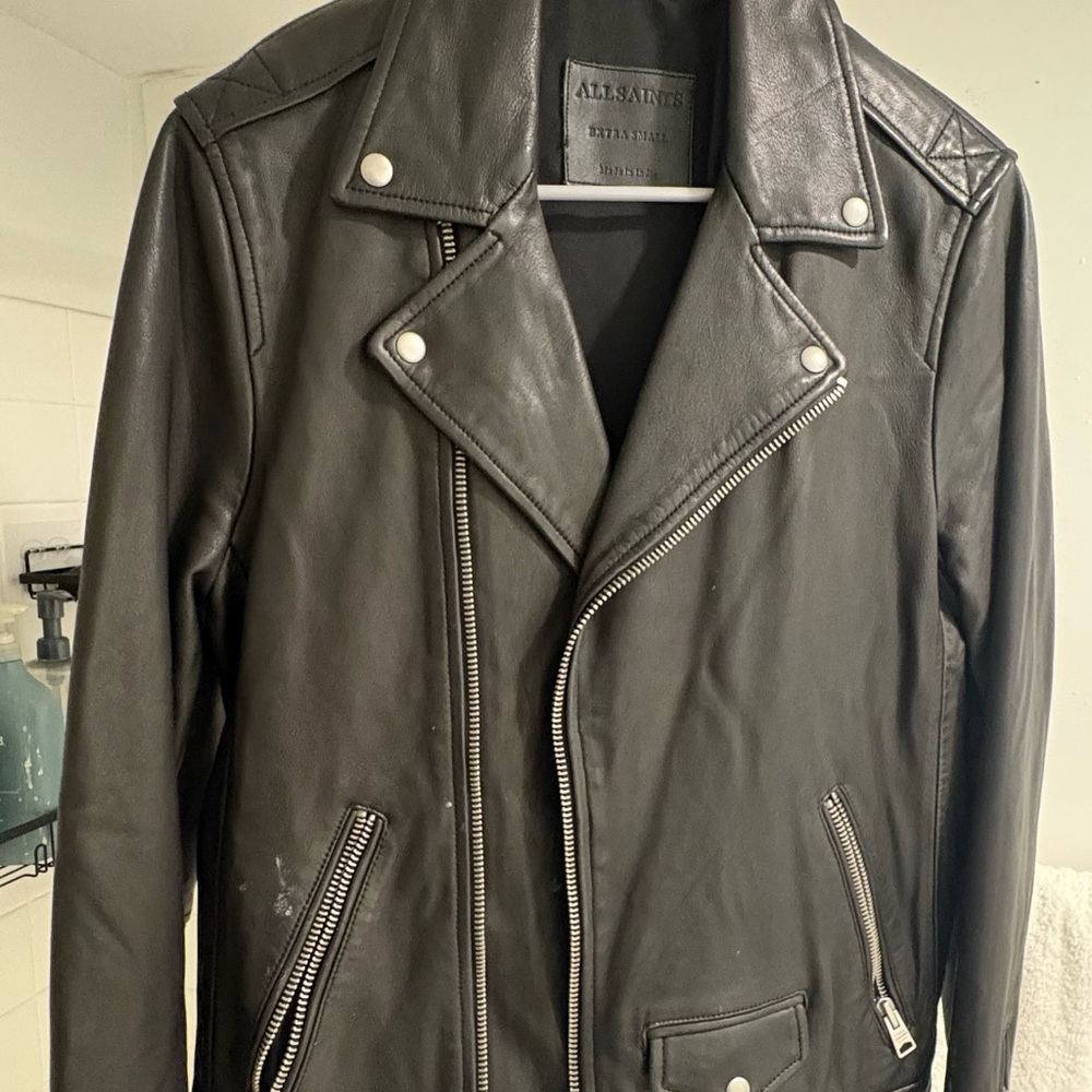 All Saints Black Leather Biker Jacket with Quilted Shoulders